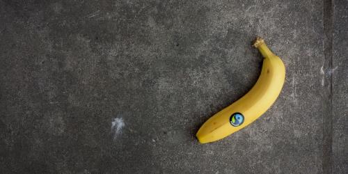 Eine Banane mit einem Fairtrade-Siegel liegt auf einer grauen Unterlage