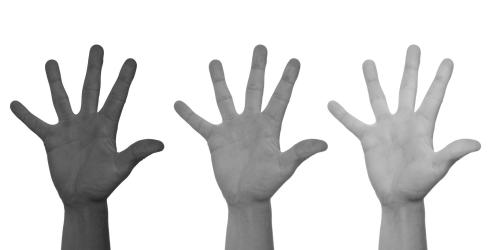 Drei Hände mit verschiedenem Hautton sind nach oben gestreckt