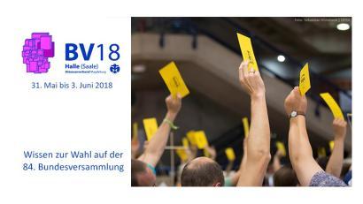 Auf der rechten Seite halten Menschen ihre Hände mit Stimmkarten in die Höhe; auf der linken Seite steht: BV18 in Halle (Saale). Wissen zur Wahl auf der 84. Bundesversammlung. 